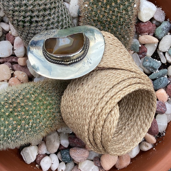 Boho Woven Raffia Silver Brown Agate Stone Belt main image 8